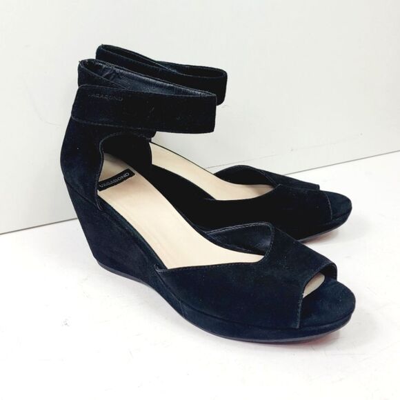 Vagabond Whimisgoth Dark Fairy Peep Toe Black Suede Girlie Ankle Wedge Size 11 - Picture 2 of 12